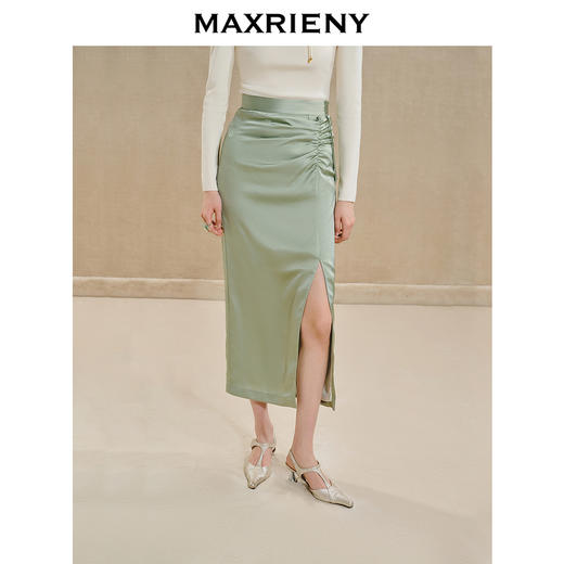 MAXRIENY清雅新中式半裙2024秋冬新款抽褶优雅开叉高腰长裙(货号:MS85SK518) 商品图0