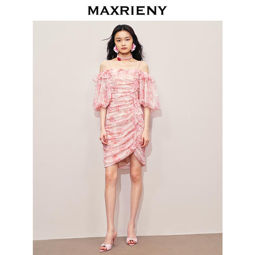 【商场同款】MAXRIENY浪漫甜美感一字肩吊带连衣裙茶歇裙女(货号:MS85DR273) 商品图1