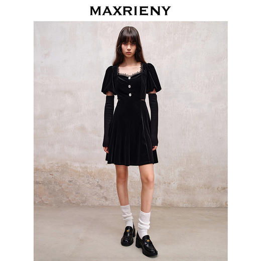 MAXRIENY法式宫廷复古风丝绒连衣裙钻饰羊腿袖裙子(货号:MS88DR518) 商品图1