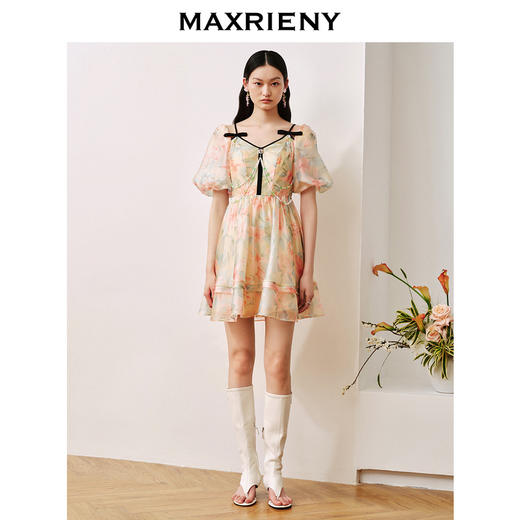 MAXRIENY晚霞繁花连衣裙别致油画花卉印花欧根纱裙(货号:MC88DR501) 商品图1