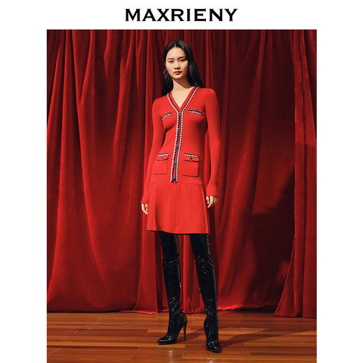 MAXRIENY*复古优雅撞色织带连衣裙冬款新年裙子(货号:MC88DR777) 商品图1