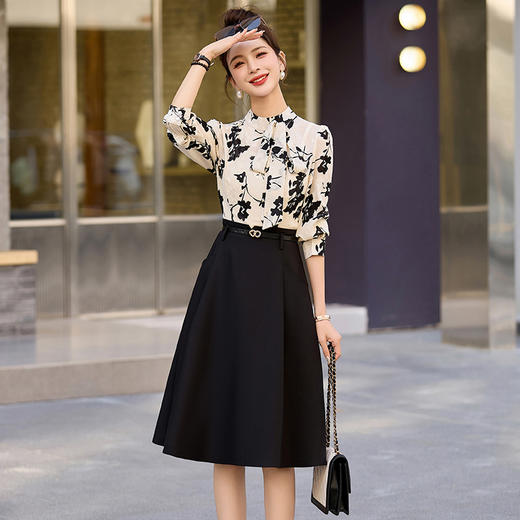 2024秋装新款领口搭配领巾简单显瘦时尚 时尚配送腰带连衣裙HR-SNXF2901 商品图2