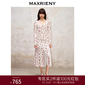 MAXRIENY玫瑰丝绒提花连衣裙秋冬度假仙美开叉裙子(货号:MS88DR753)