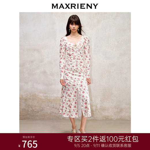 MAXRIENY玫瑰丝绒提花连衣裙秋冬度假仙美开叉裙子(货号:MS88DR753) 商品图0