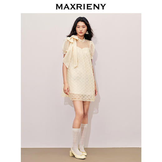 MAXRIENY浪漫度假风连衣裙网纱拼接设计2024夏款泡泡袖a摆裙子(货号:MS85DR296) 商品图1