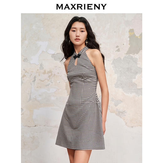 MAXRIENY中式宫廷复古千鸟格挂脖连衣裙无袖A摆裙子(货号:MC88DR572) 商品图2