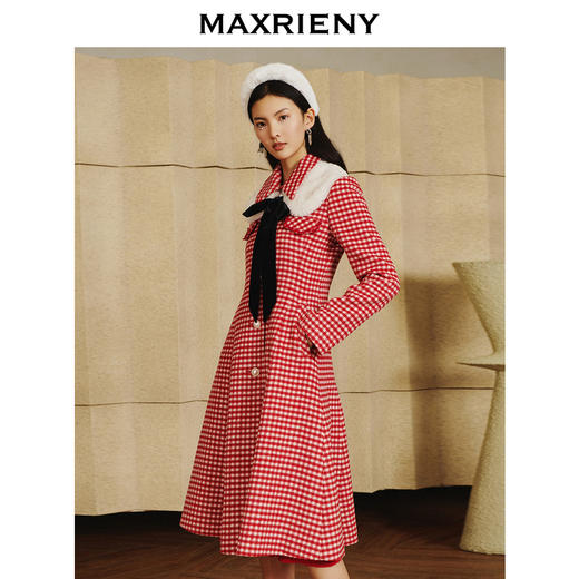 MAXRIENY红白格纹大衣蝴蝶结毛翻领风衣毛呢外套(货号:MC87CT783) 商品图1