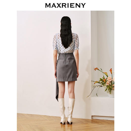 MAXRIENY复古宫廷风蓝波点雪纺衫通勤泡泡袖上衣(货号:MC88TP508) 商品图3