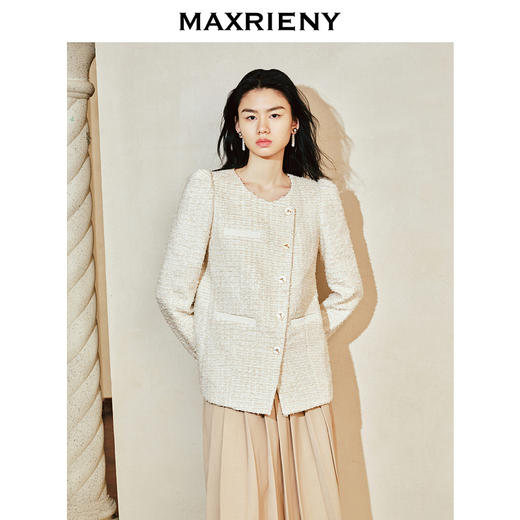 【商场同款-宫廷飞鸽】MAXRIENY复古玉饰斜襟撞色小香长外套24春(货号:MC85JA033) 商品图2