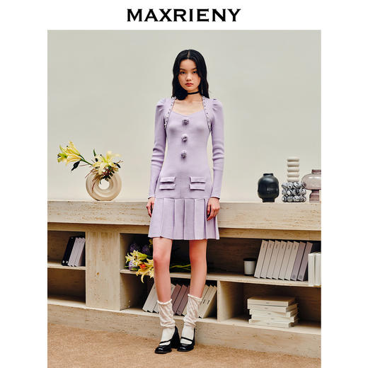 MAXRIENY复古优雅立体玫瑰针织长袖连衣裙修身(货号:MS88DR530) 商品图1