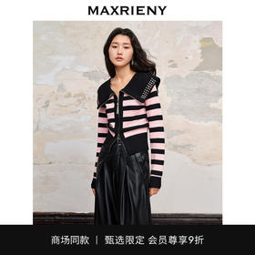 【商场同款】MAXRIENY条纹彼得大翻领针织拉链开衫秋冬修身上衣女(货号:MC88JA590)