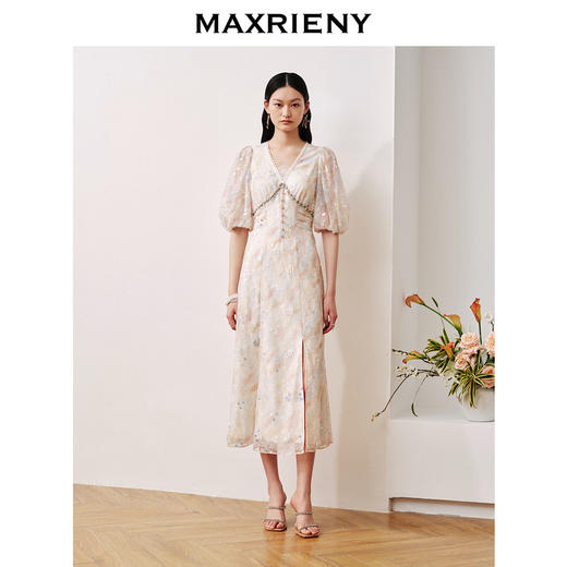 MAXRIENY欧式复古宫廷风蕾丝亮片绣花连衣裙v领(货号:MC88DR538) 商品图1