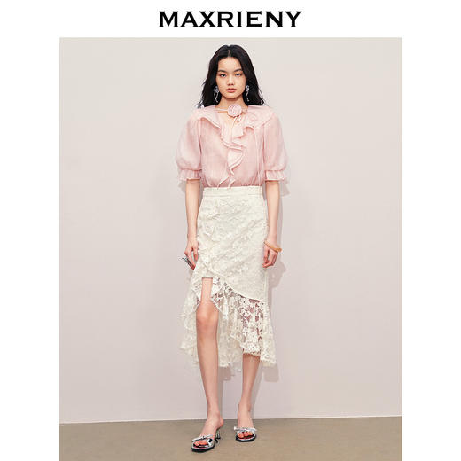 【商场同款】MAXRIENY复古温柔风荷叶边上衣别致甜美设计雪纺衫(货号:MS85TP259) 商品图1