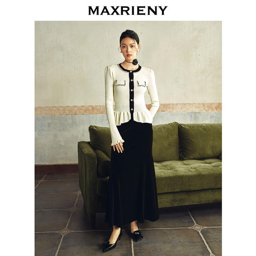 MAXRIENY复古浪漫收腰抽褶半裙2024秋冬新款法式赫本风花边长裙(货号:MS85SK519) 商品图3