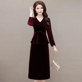 金丝绒包臀裙中长款假两件，长袖裙气质优雅女装职业秋冬裙QYM-LRX-NF8132-1-Y