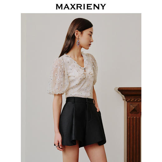 MAXRIENY复古赫本风蕾丝v领泡泡袖雪纺衫短袖上衣(货号:MC88TP349) 商品图1