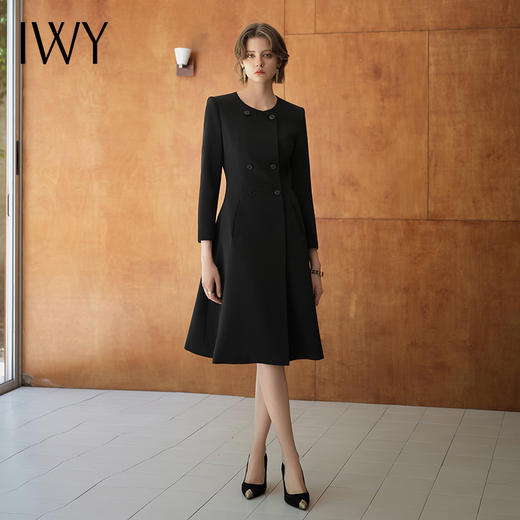 IWY/秋装女款风衣式收腰圆领西服裙子黑色大摆连衣裙Q1201 商品图4