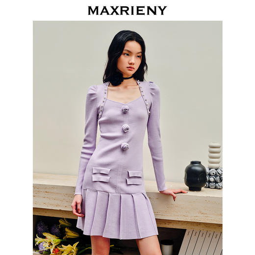 MAXRIENY复古优雅立体玫瑰针织长袖连衣裙修身(货号:MS88DR530) 商品图2