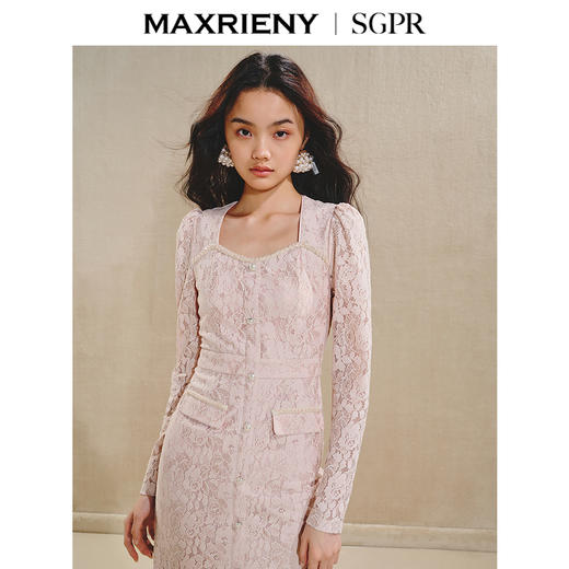 【商场同款】MAXRIENY*浪漫感连衣裙2024秋冬钉珠珍珠蕾丝长裙(货号:MS85DR501) 商品图1