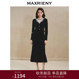 MAXRIENY复古浪漫丝绒连衣裙蕾丝刺绣领2024秋冬法式赫本风长裙(货号:MS85DR512)