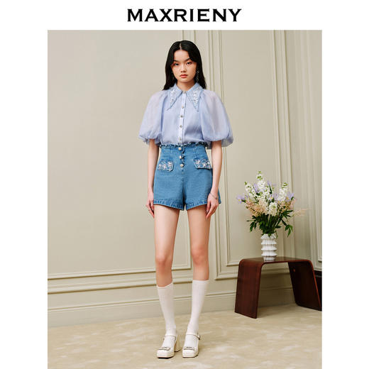 MAXRIENY荷叶边阔腿修身牛仔短裤女-商场同款(货号:MC88PA302) 商品图1