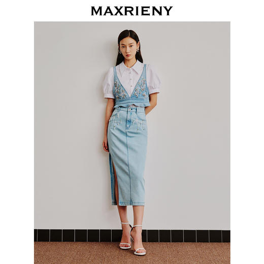 MAXRIENY牛仔高腰开叉半身裙包臀一步裙长裙(货号:MC88SK281) 商品图1