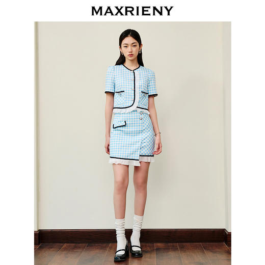 MAXRIENY蓝白格纹撞边千金小香风半裙不对称小裙子(货号:MS88SK252) 商品图1