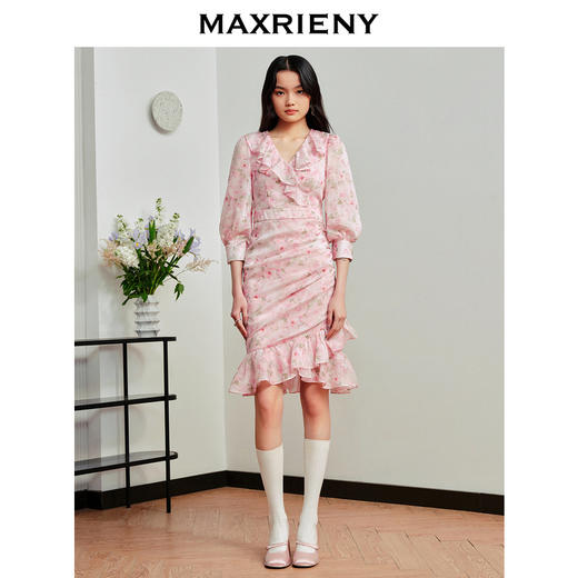 MAXRIENY桃花鱼尾连衣裙浪漫碎花连衣裙郁金香裙子(货号:MS88DR327) 商品图1