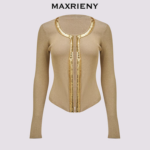 【早鸟款】MAXRIENY复古宫廷风金亮片珠圆领毛织上衣女修身显瘦(货号:MC85SW532) 商品图4