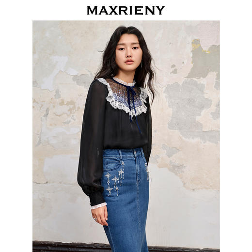 MAXRIENY*复古感流星珠片衬衫上衣蕾丝雪纺衫(货号:MC88TP525) 商品图2
