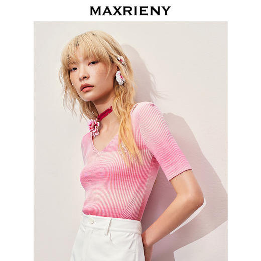 【静奢度假-商场同款】MAXRIENY浪漫复古感V领渐变色套头毛衫女(货号:MC85SW307) 商品图2