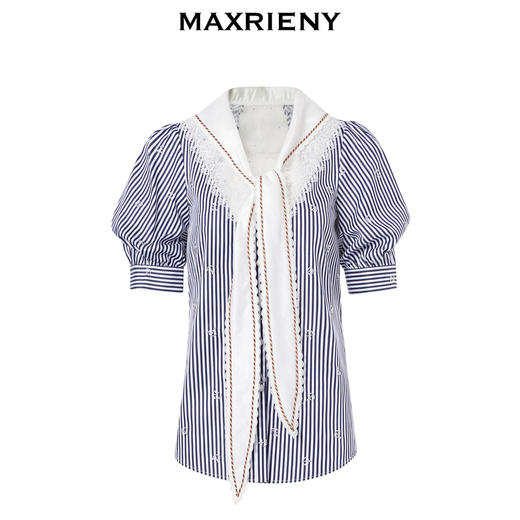 MAXRIENY海军风蓝白条纹复古撞色领衬衫上衣(货号:MC88TP362) 商品图4