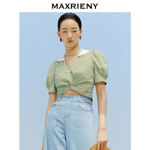 MAXRIENY赫本海军风衬衣23泡泡袖收腰条纹上衣(货号:MC88TP253) 商品图2