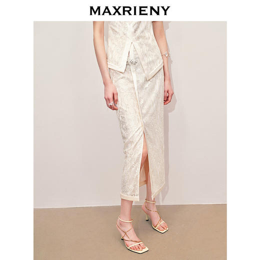 MAXRIENY国风新中式半身裙2024夏季新款蕾丝开叉半裙轻奢盘扣裙子(货号:MS85SK265) 商品图2