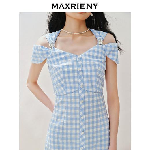MAXRIENY优雅复古感蓝白格纹烫钻连衣裙甜美裙子(货号:MS85DR261) 商品图2