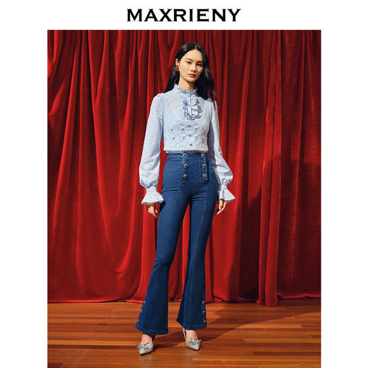 MAXRIENY都市复古感双排扣高腰喇叭牛仔裤(货号:MC88PA770) 商品图1