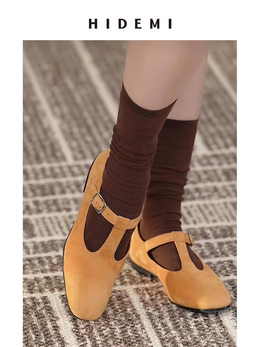 HIDEMI 【董生活同款】进口做旧麂皮复古方圆头宽带玛丽珍平底鞋 复古红/姜黄色/巧克力棕 商品图7