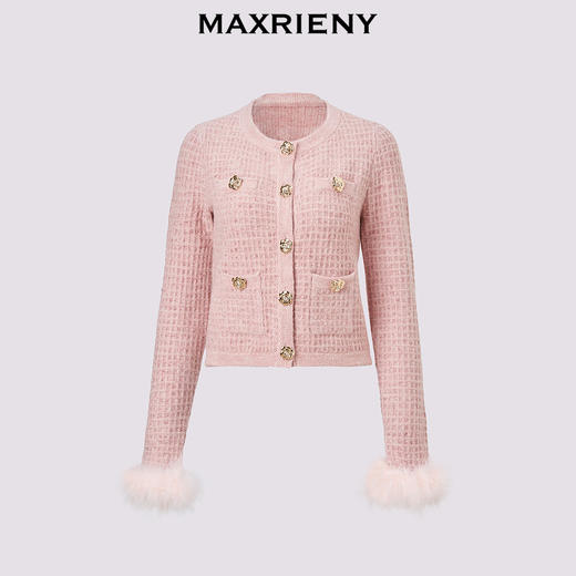 MAXRIENY贵雅浪漫风针织外套2024秋冬新款羽毛装饰格子上衣女(货号:MS85JA511) 商品图4