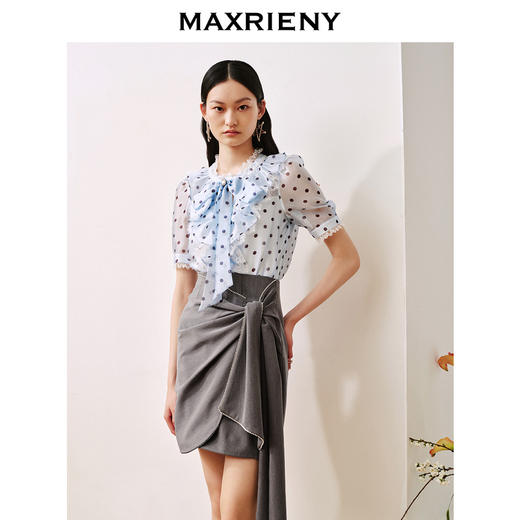 MAXRIENY复古宫廷风蓝波点雪纺衫通勤泡泡袖上衣(货号:MC88TP508) 商品图2