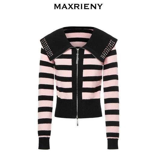 【商场同款】MAXRIENY条纹彼得大翻领针织拉链开衫秋冬修身上衣女(货号:MC88JA590) 商品图4