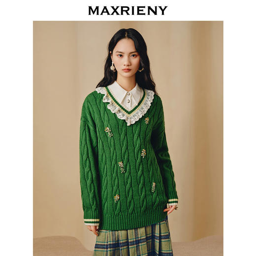 MAXRIENY*复古学院钉钻绣花撞色慵懒针织毛衫(货号:MC88SW815) 商品图2