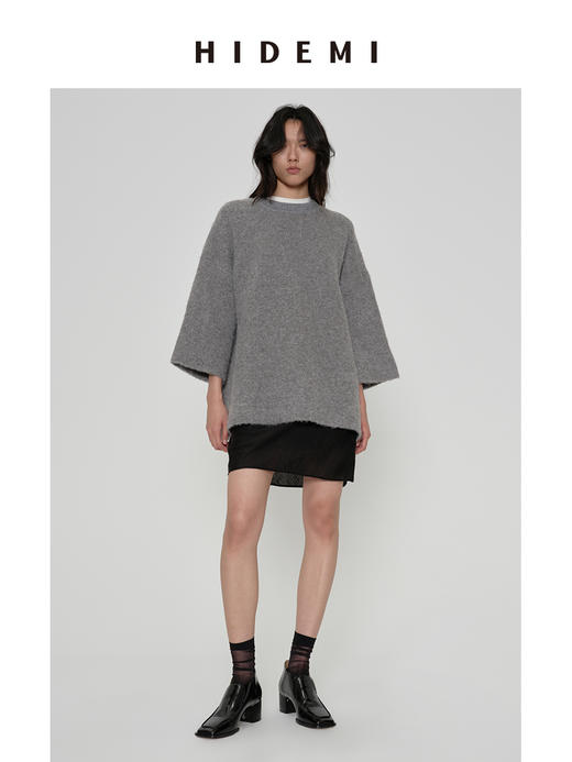 HIDEMI 圆领大廓形落肩加厚款进口强缩混纺羊毛8分袖毛织针织上衣 摩卡色/黑色/烟灰色/藏蓝色 商品图11