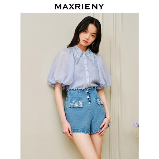 MAXRIENY荷叶边阔腿修身牛仔短裤女-商场同款(货号:MC88PA302) 商品图2