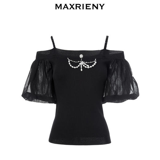 MAXRIENY黑色一字肩泡泡袖针织衫冷淡系高级感上衣(货号:MC88SW068) 商品图4