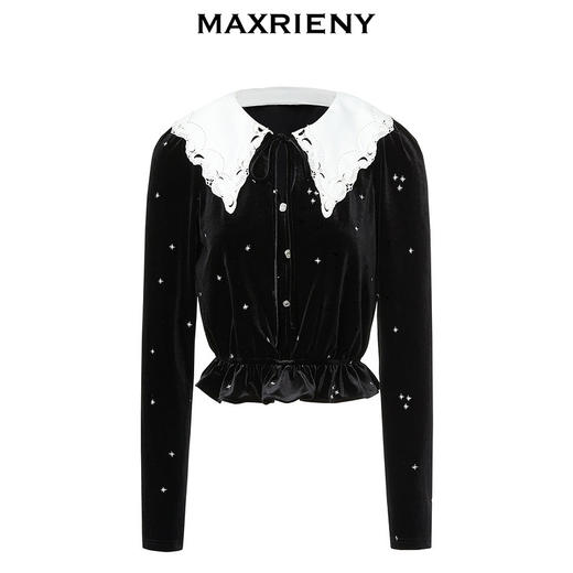 MAXRIENY轻奢摩登烫钻丝绒雪纺衫修身上衣(货号:MC88TP575) 商品图4