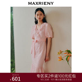 MAXRIENY仙美复古粉系带茶歇裙鱼尾连衣裙夏(货号:MC88DR368)