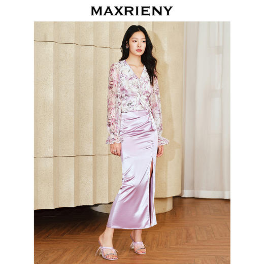 MAXRIENY优雅复古感抽褶缎面半裙鱼尾开衩半身裙子(货号:MS85SK020) 商品图1