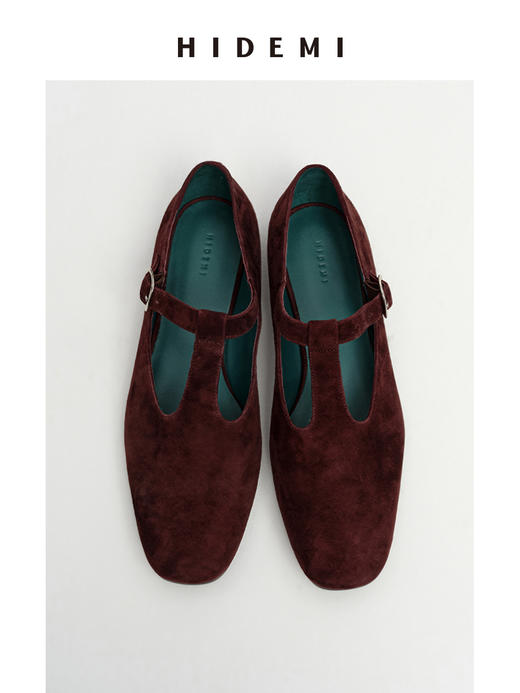 HIDEMI 【董生活同款】进口做旧麂皮复古方圆头宽带玛丽珍平底鞋 复古红/姜黄色/巧克力棕 商品图9