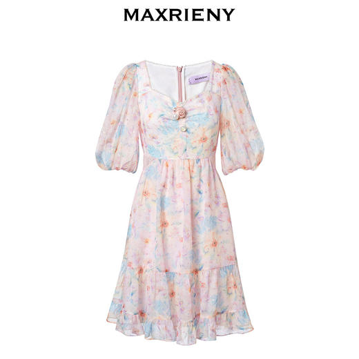 MAXRIENY日落橙花连衣裙仙美雪纺裙泡泡袖连衣裙(货号:MS88DR348) 商品图4
