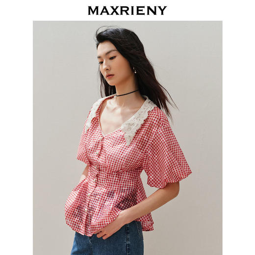 【静奢度假-商场同款】MAXRIENY宫廷文艺风翻领撞色格纹收腰上衣(货号:MC85TP306) 商品图2